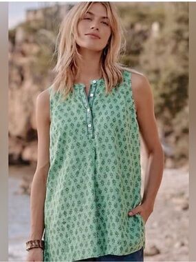 Pure Jill 100% Linen Sleeveless Tunic Green Floral Print Size Small